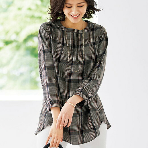 ブラウス M L Ll ピンタック使いチェック柄ブラウス M Ll ベルーナ Belluna 40代 50代 60代 レディース ミセス 大人 ファッション 秋服 秋冬 プチプラ トップス 体型カバー 最大76 オフ