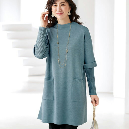 チュニック 3l 4l 5l ミラノリブ素材フェイクニットチュニック 3l 5l ベルーナ Belluna 40代 50代 60代 レディース ミセス 大人 ファッション 大きいサイズ 秋服 秋冬 プチプラ シャツ ブラウス 体型カバー 正規店