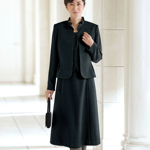 9ar 40代21秋新着7ar プチプラ秋服ブラックフォーマルファッション40代プチプラ13ar 大人ベルーナスーツ ベルーナ15ar 喪服ミセスストレッチ素材フリル衿ワンピースアンサンブル 7ar 17ar 50代秋冬ベルーナ