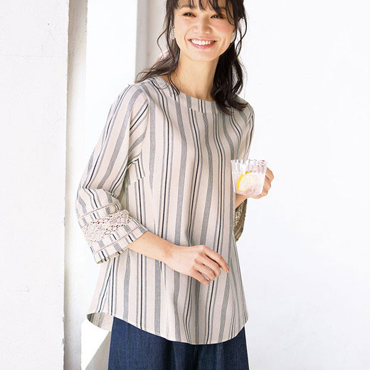 ブラウス M L Ll 綿麻素材袖レース切替ブラウス M Ll ベルーナ Belluna 40代 50代 60代 ミセス 大人 ファッション レディース 夏 夏服 トップス 体型カバー チラシ 楽天ランキング1位
