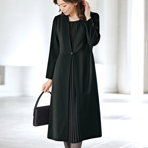 円 激安アウトレット ブラックフォーマル 7ar 9ar 11ar 13ar 15ar 17ar 洗えるストレッチ ロングジャケット重ね着風ワンピース 7ar 17ar ベルーナ Belluna レディースファッション 40代 50代 60代 レディース ミセス 大人 ファッション 秋服 秋冬 喪服 礼服