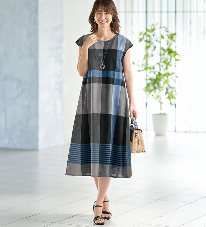 ＼夏新作10％OFFクーポン／ワンピース レディース 綿麻素材チェックデザインワンピース（ペチワンピース付） 2026夏 ベルーナ belluna M-5L