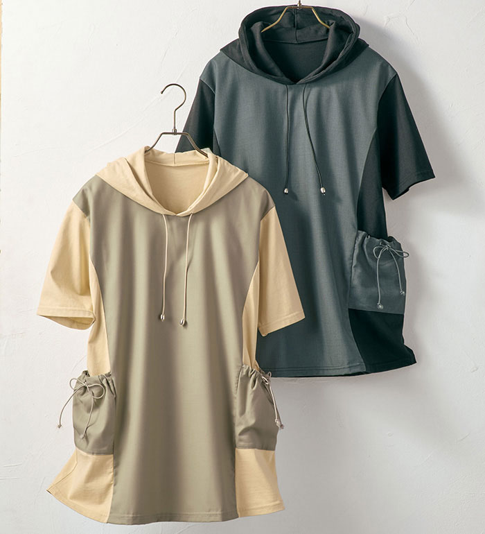 ＼夏新作10％OFFクーポン／チュニック レディース 【２枚組】異素材切替スピンドル使いフードチュニック 2026夏 ベルーナ belluna M-5L