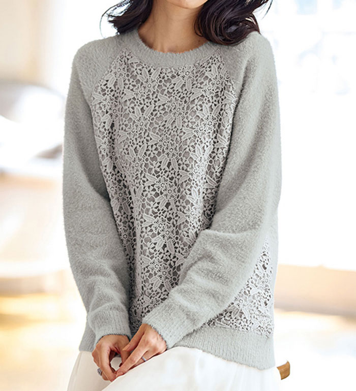楽天市場】ニットプルオーバー ケミカルレース使い編地変化デザイン