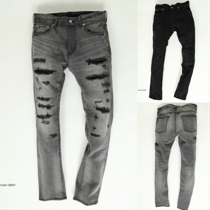 BellVillage メンズ デニム ダメージ ジーンズ リメイク ブラックデニム GRAY/BLACK　 タイト スリム ストレート ストレッチ クラッシュ　スキニー 黒 7,623円