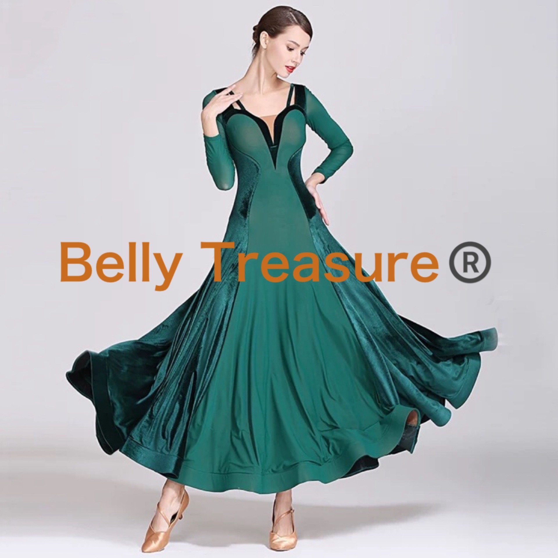 社交ダンス舞台衣装　異素材サイドバイカラーワンピース　YLFE-1884-202410｜Belly Treasure 店