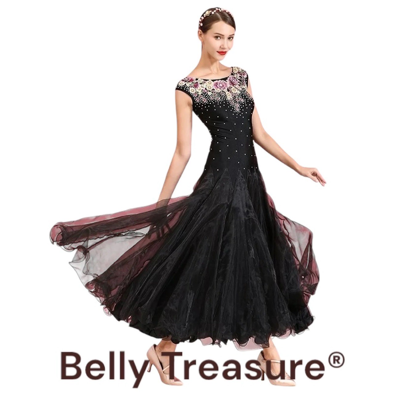 社交ダンスレッスンウェア フラワービジューワンピースYLFE-S7043-202410｜Belly Treasure 店