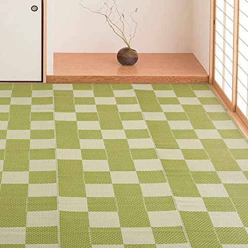 萩原 洗える い草風カーペット グリーン 江戸間8畳 約348X352cm 「矢倉」 ラグ 花ござ モダン 和風 市松柄