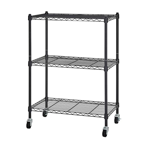 VECELO スチールラック 収納棚 ラック 3段 幅60x奥行35x高さ83.5cm ブラック キャスター付き キッチン/リビング/ガレージ/オフィス/食材/書類/工具/衣類
