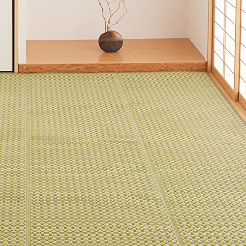 萩原 洗える い草風カーペット ルイス グリーン 江戸間6畳 約261X352cm 柄上敷き 花ござ ラグ 和モダン