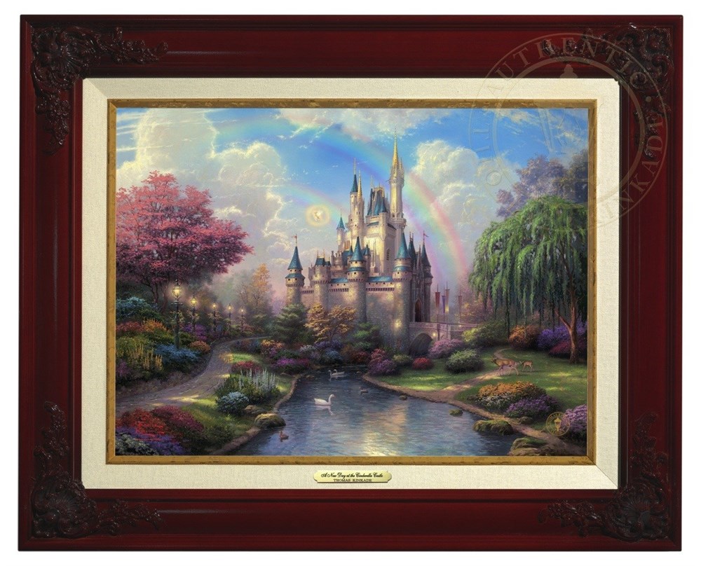 楽天市場 取寄せ ディズニー Disney シンデレラ プリンセス 絵画 絵 アート キャンバス インテリア 装飾 デザイン 壁 額付き フレーム付き Brandy Frame Thomas Kinkade トーマスキンケード 並行輸入品 Thomas Kinkade A New Day At The Cinderella Castle Canvas