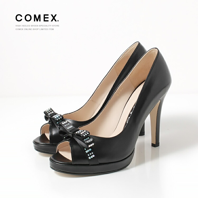 COMEX シュロの葉 パンプス 本革 日本製 10糎踵 ハイヒール オープントゥ プラットホーム 黒いこと 5750