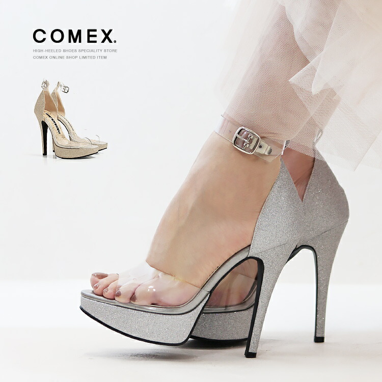 【逃げ道】COMEX サンダル 写真フィルム ラメ 厚底 ハイヒール アンクルストラップ プラットホーム ハイヒール 5740