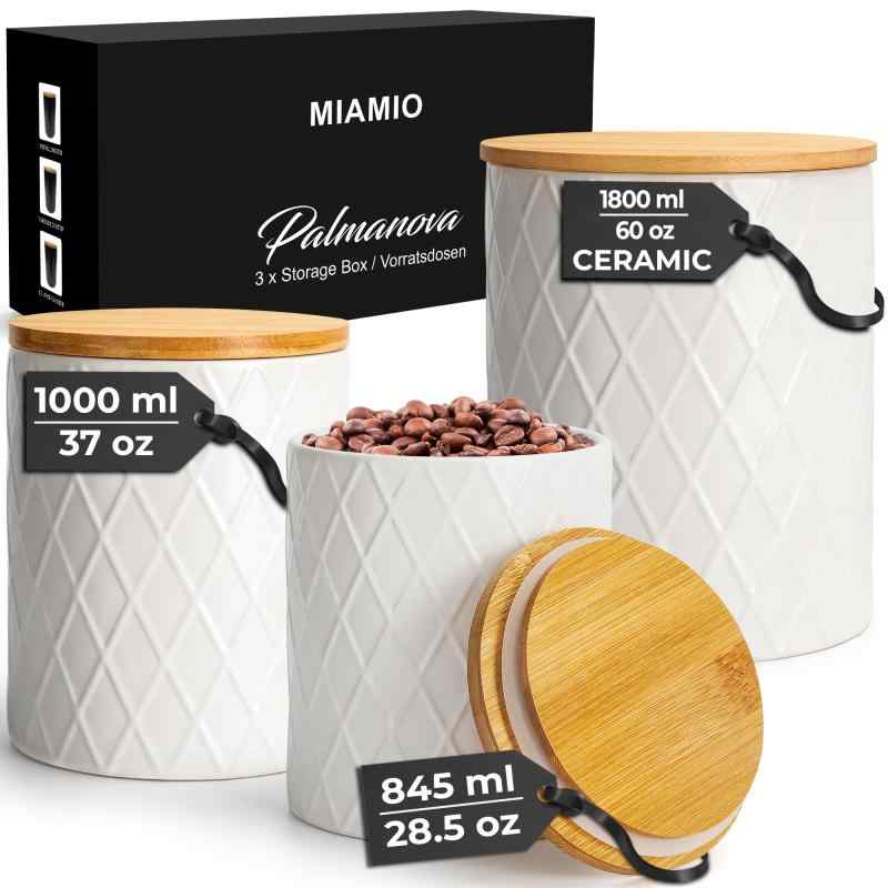 MIAMIO ? 3個書き割りのキッチンキャニスターセット 木製の密閉蓋付き添い人陶器製キャニスターで、珈琲、紅茶の葉、三盆白、メリケン粉、塩などに至適