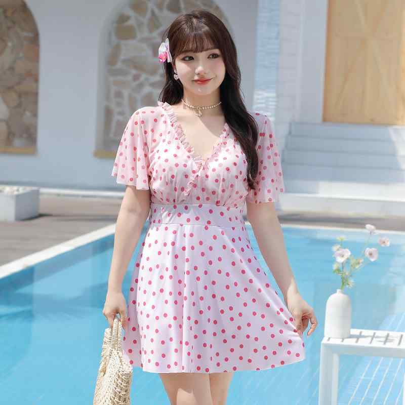 レディース ビーチ ワンピース スイムス Vネック ドット 装飾 フリル 大きいサイズ ビーチウェア 温泉 服 浴衣風 夏 春夏 接触冷感 軽量 伸縮性 吸湿速乾 ピンク系 ブラック アイボリー ビッグシルエット かわいい 普段使い アウトドア画像