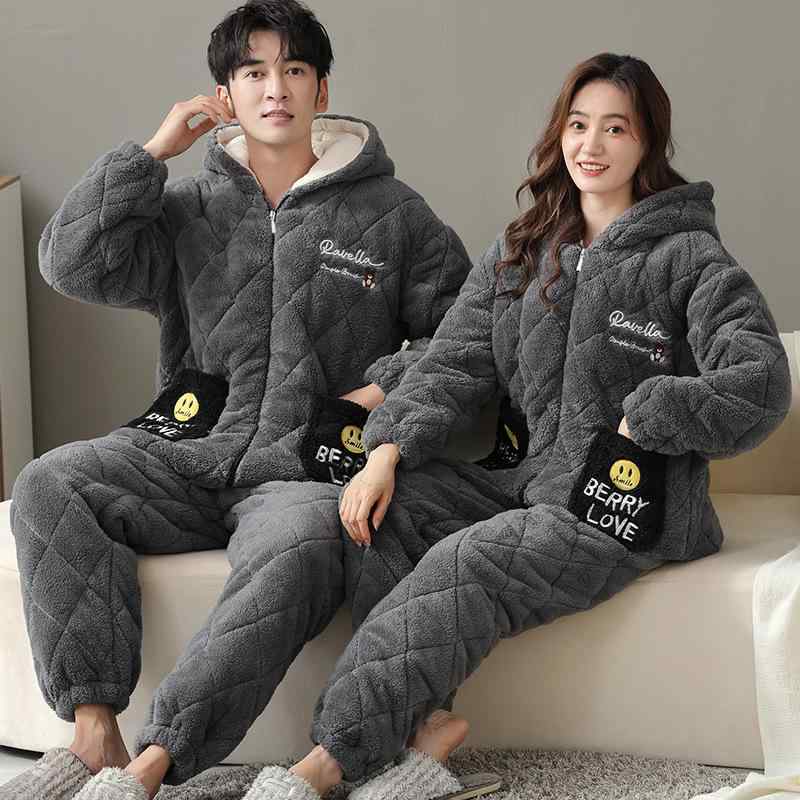 ホームウェア 冬用 男女セット 珊瑚? フランネル 三層 厚手 綿 暖か 寝間着 ルームウェア カップル パジャマ ジッパー セット 柔らか 保温 ゆったり 普段使い|ベネフィメントショップ