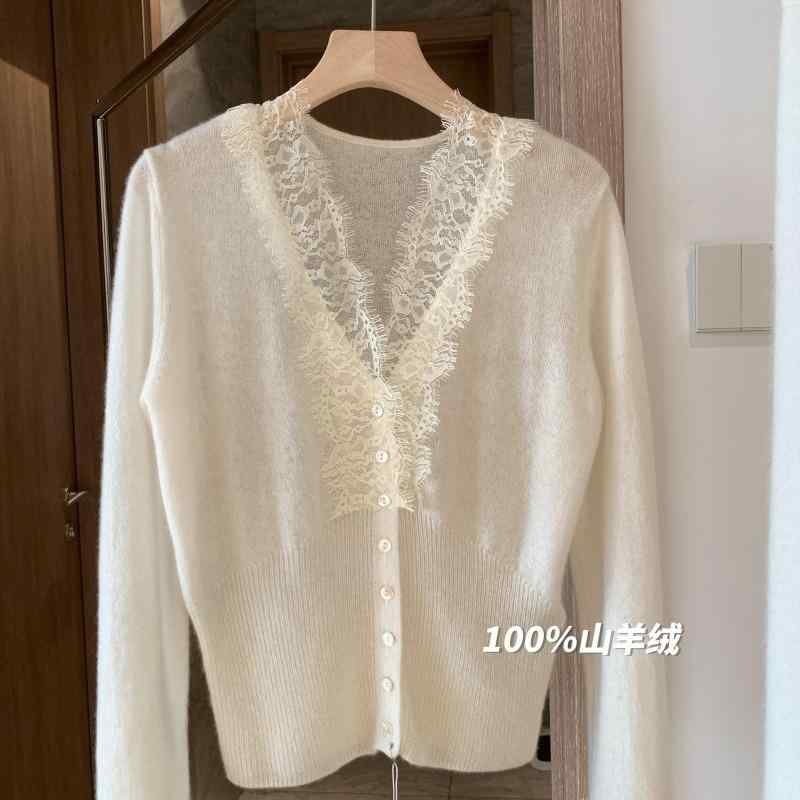 カーディガン 女性用 100% 山羊毛 切り替え レース Vネック ニット 短丈 開衫 インナー トップス 毛衣 上衣 柔らか 肌触り 暖か 軽量 伸縮性 秋冬 通勤 普段使い 部屋着 カジュアル｜ベネフィメントショップ