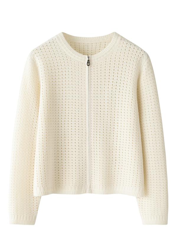 アウター 女性用 100% 山羊毛 秋冬 加厚 ショート丈 暖か ニット セーター 丸首 デザイン 編み込み ジッパー 開閉 軽量 柔らかい 肌触り 保温性 通勤 普段使い コート ジャケット ブラック グレー ベージュ｜ベネフィメントショップ