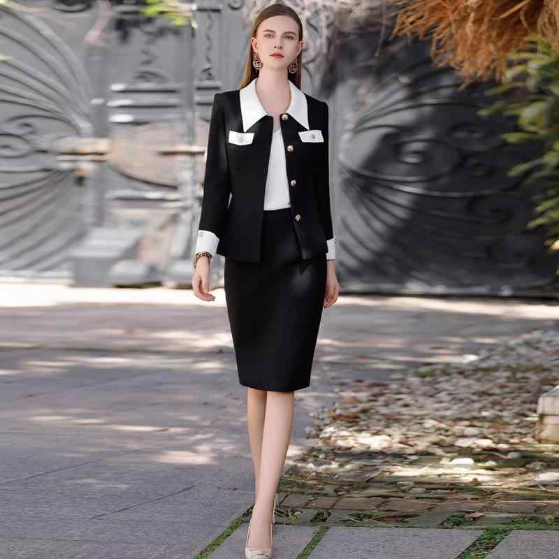 秋冬 女性用 スーツセット ブラック ホワイト 切り替え ジャケット スカート 高級感 粗花・希 ビジネス 通勤 フォーマル ウール混 暖かみ ロング丈 テーラード プロフェッショナル スタイル|ベネフィメントショップ