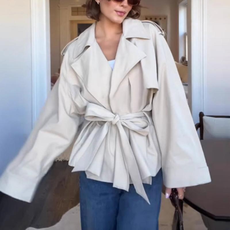 春夏 レディース 短外套 気質 エレガント 杏色 ワイドシルエット 大型襟 紐付き トレンチコート 軽量 風通し良い コットン混 ロング丈 スタイリッシュ 普段使い 通勤用 柔らかい素材 ゆったりシルエット|ベネフィメントショップ