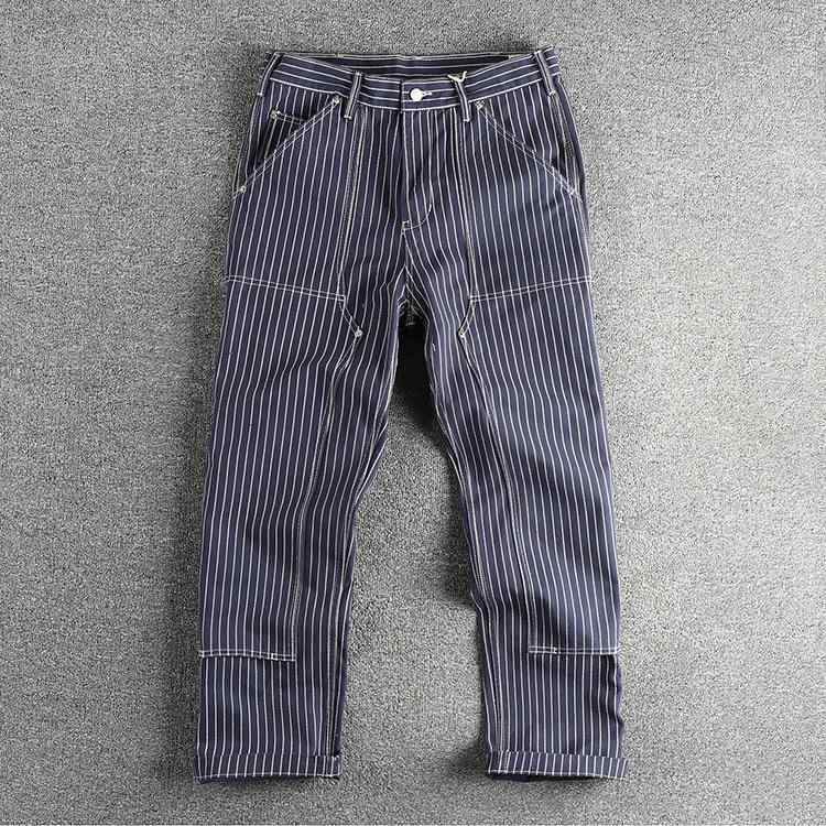 メンズ 作業着風 ストライプ パンツ ワバッシュ ストライプ ストレート レギュラーフィット ロング丈 コットン デニム 加工 ブルー ストライプ 柄 復刻 デザイン カジュアル 普段使い 通勤 ストレッチ 軽量 耐久性｜ベネフィメントショップ 7,574円