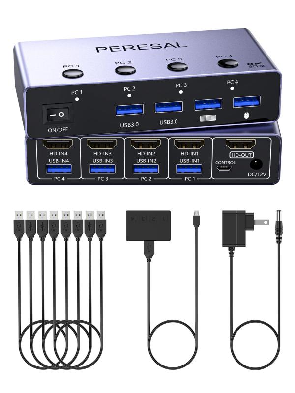 PERESAL 8K@60サイクル HDMI KVM取り替えっこ4台の電子計算機は1台の管すると4台のUSB 3.0界面軽銀製KVM取り替えっこを分かち合うし