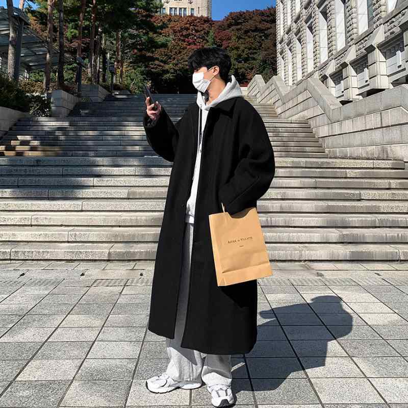 厚地の外套 メンズ 中長丈 長め 毛織り 毛糸調 加厚 情の籠もった 秋冬 韓国  表現スタイル 朦々たる 防寒 普段使い走り 通い用 まっ黒い色合い 第一義的 格好のいい