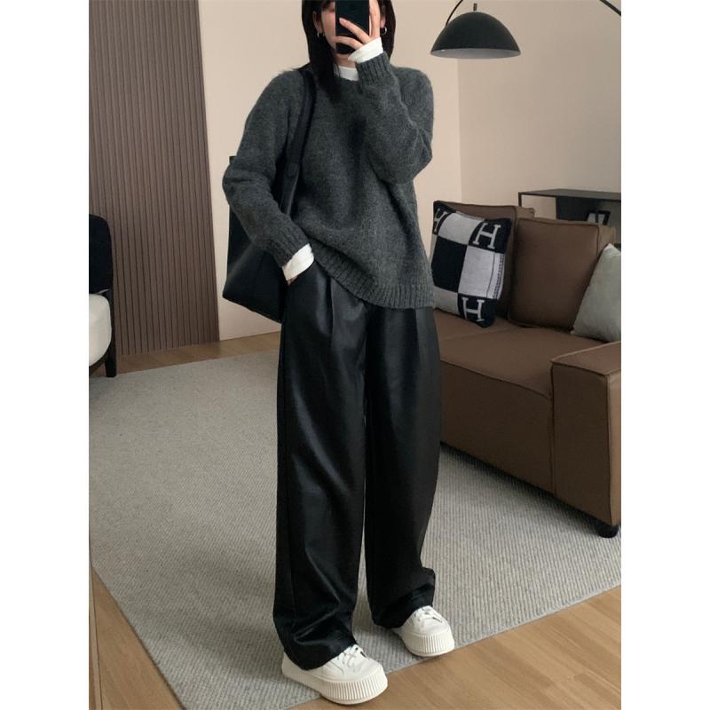 パンツ 女性用 秋冬 復古 高級感 ハイウエスト ワイドレッグ スリム ゆったり ストレート ロングパンツ PUレザー 素材 軽量 ストレッチ 普段使い 秋冬 コーデ カジュアル スタイル ブラック カラーバリエーション