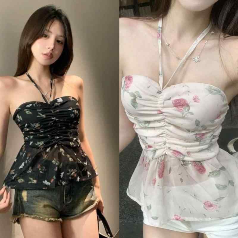 サマートップス 女性用 夏 フレンチスタイル フラワー柄 チューブトップ ハングネック 紐切り替え ウエストシェイプ スリム 軽量 伸縮性 接触冷感 コットン混 ピンク系 セクシー 普段使い カジュアル|ベネフィメントショップ