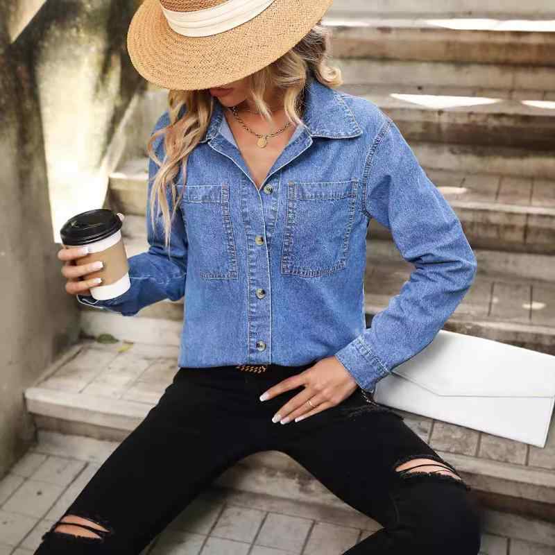 レディース 牛仔シャツ ジャケット トップス 外套 ブルー 洗い加工 ゆったり シルエット デニム 素材 伸縮性 軽量 通勤 普段使い カジュアル スタイル 春夏 秋 コーディネート｜ベネフィメントショップ