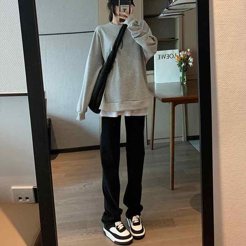 パンツ 女性用 牛仔 デニム 黒 ブラック 直筒 ストレート ハイウエスト 春夏 秋冬 通勤 普段使い 軽量 伸縮性 切り替え ビッグシルエット スリム ワイドレッグ ロング丈 ラフ カジュアル 潮 トレンド｜ベネフィメントショップ