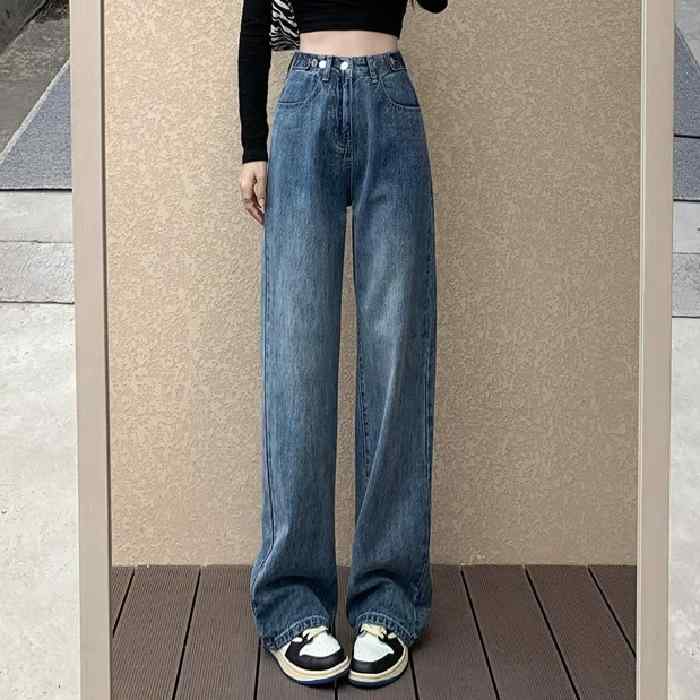 デニムパンツ 女性用 秋冬 ハイウエスト ストレート 牛仔素材 復古デザイン ワイドレッグ ゆったりシルエット 肉感カバー スリム効果 垂れ感 軽量 伸縮性 普段使い 通勤 通年対応 ブラック ブルー グレー｜ベネフィメントショップ