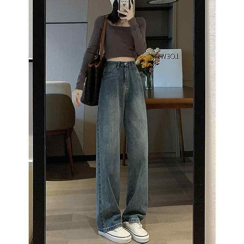 デニムパンツ 女性用 秋冬 ワイドレッグ ストレート ハイウエスト ルーズフィット コットン素材 ストレッチ ゆったりシルエット ロング丈 ヴィンテージ ブルー 吸湿速乾 通勤 普段使い アウトドア 軽量 柔らかい肌触り 洗いやすい｜ベネフィメントショップ