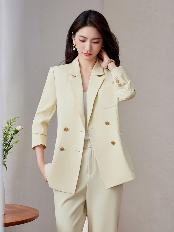 レディース スーツ セット 女性用 ダブルブレスト ジャケット パンツ 組み合わせ 春夏 秋冬 通勤 ビジネス 仕事着 セット ゆったり ビッグシルエット ワイドパンツ 軽量 ストレッチ ポリエステル 混紡 素材 ブラック グレー ネイビー カラー オフ|ベネフィメントショップ