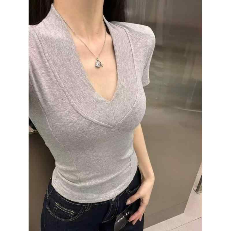 Tシャツ 女性用 春夏 純色 大Vネック 修身 スリム スタイリッシュ 百搭 シンプル 半袖 トップス 軽量 綿素材 伸縮性 普段使い 通勤 カジュアル ブラック ホワイト グレー ピンク ビッグシルエット Vネック 吸湿速乾 接触冷感|ベネフィメントショップ