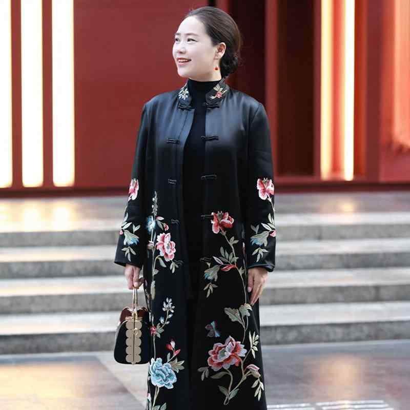 ロングコート レディース 春夏 中国風 盤扣 花刺繍 シルク 大きめサイズ 高級感 上品 ママ向け 日常使い 軽量 エレガント スタイル 通勤対応 吸湿速乾|ベネフィメントショップ