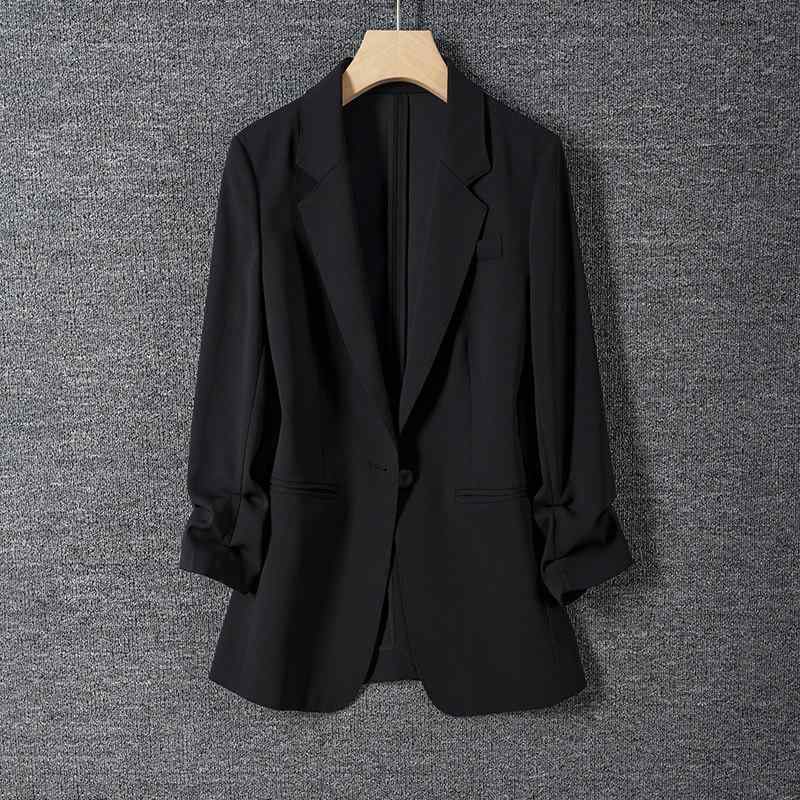 レディース テーラードジャケット 黒いこと アセテート出どころ 春夏 薄っぺら 御前上等感 すっきり影ぼうし 7分袖 事務室 通い用 今めかしい 雅びやか