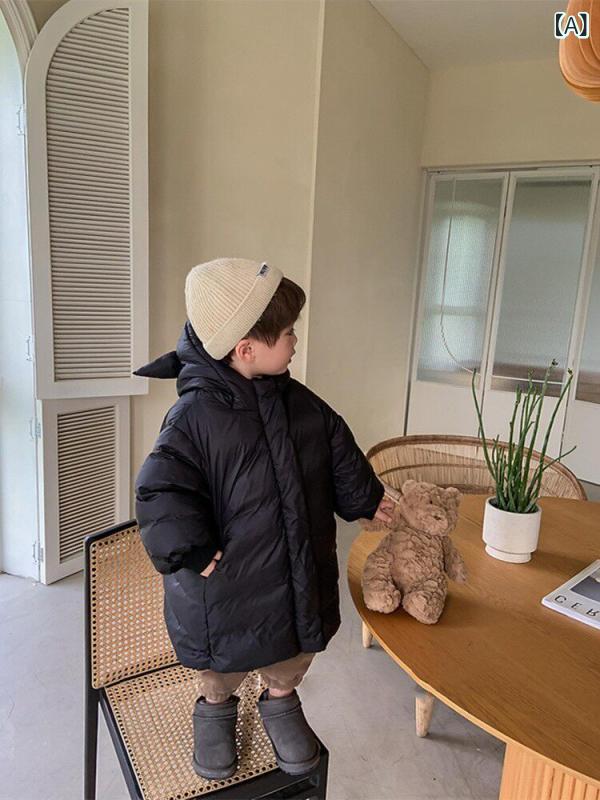 キッズ ダウンジャケット 男女 幼児 ベビー 冬用 厚手 アウター 中長丈 暖か 軽量 かわいい 子供服 秋冬 コート 防寒 フード付き｜ベネフィメントショップ