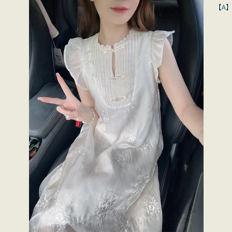 衣裳 レディース 夏 白いこと 中国風 刺しゅう ロング御召しもの 短袖 もの柔らか表現スタイル 若押し出し 御膳上等感 口さかしい  お上さんらしい 影ぼうし 日常使い走り