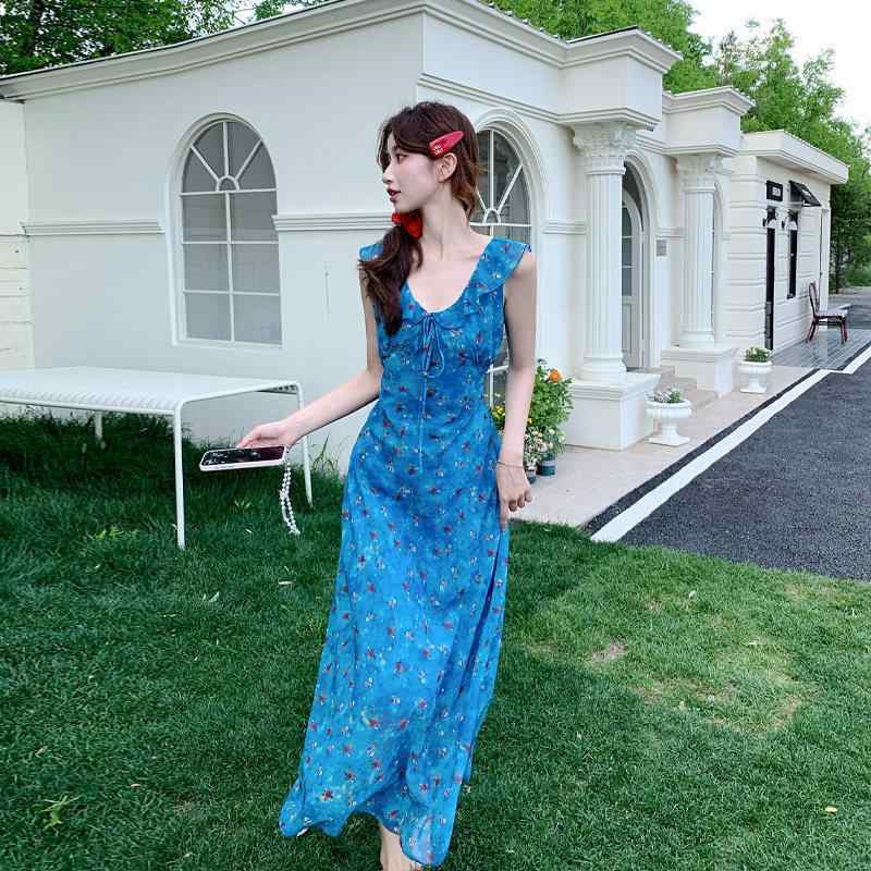 衣装 レディース 夏 青み 花柄 ロング御召しもの レトロ ローマン的 ジェントル 表現スタイル 特殊 可愛らしい フレンチ風 ホンブルグ帽 原材料 口さかしい 日常使い走り 通い 女子らしい 影ぼうし