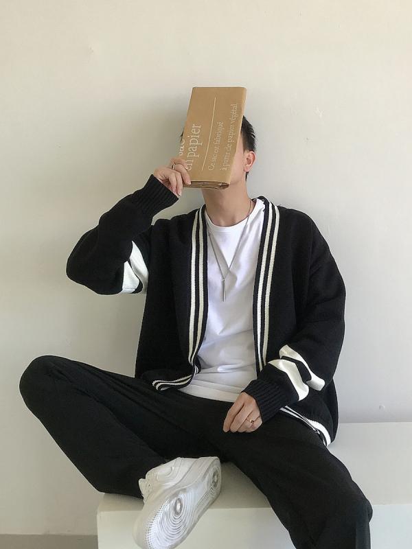 ジレー メンズ ゆったり 朦々たる 編み物 韓国 対照色つや 秋冬 アウター 防寒 伸び伸びする 普段使い走り 生あたたかい 綿織物混