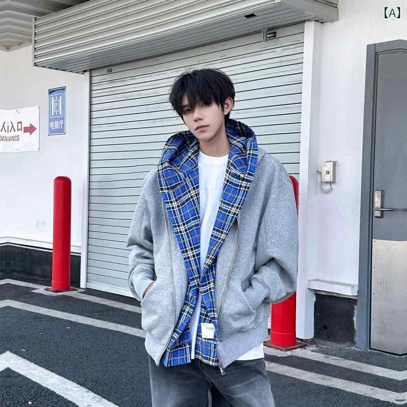 メンズ ボンネット付き添い人 汗水 ジレー 薄墨色 秋冬 花の冠yd ゆったり 相応う 二層 フェイクツーピース 重ね着