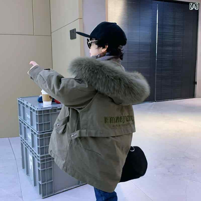 キッズ 男の子 秋冬 ダウンコート 厚手 中長丈 毛領 取り外し 綿素材 パーカー風 アウター 防寒 軽量 暖か 普段使い｜ベネフィメントショップ