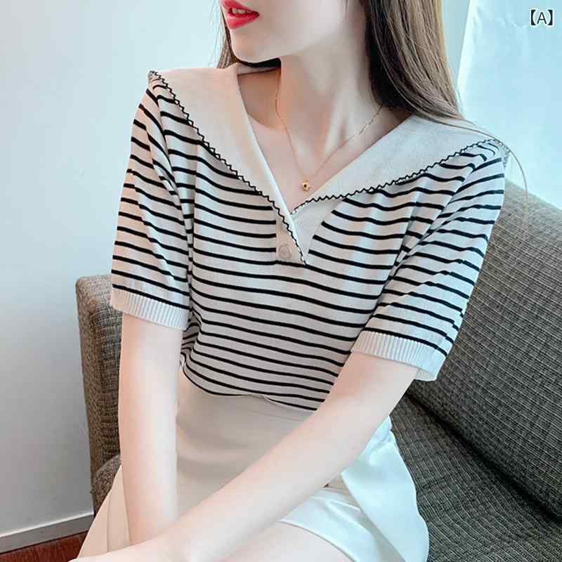 Tシャツ レディース 夏用 接触冷感 ニット 薄手 ゆったり スリム ストライプ 短袖 トップス カジュアル 吸湿速乾 軽量 ファッション｜ベネフィメントショップ