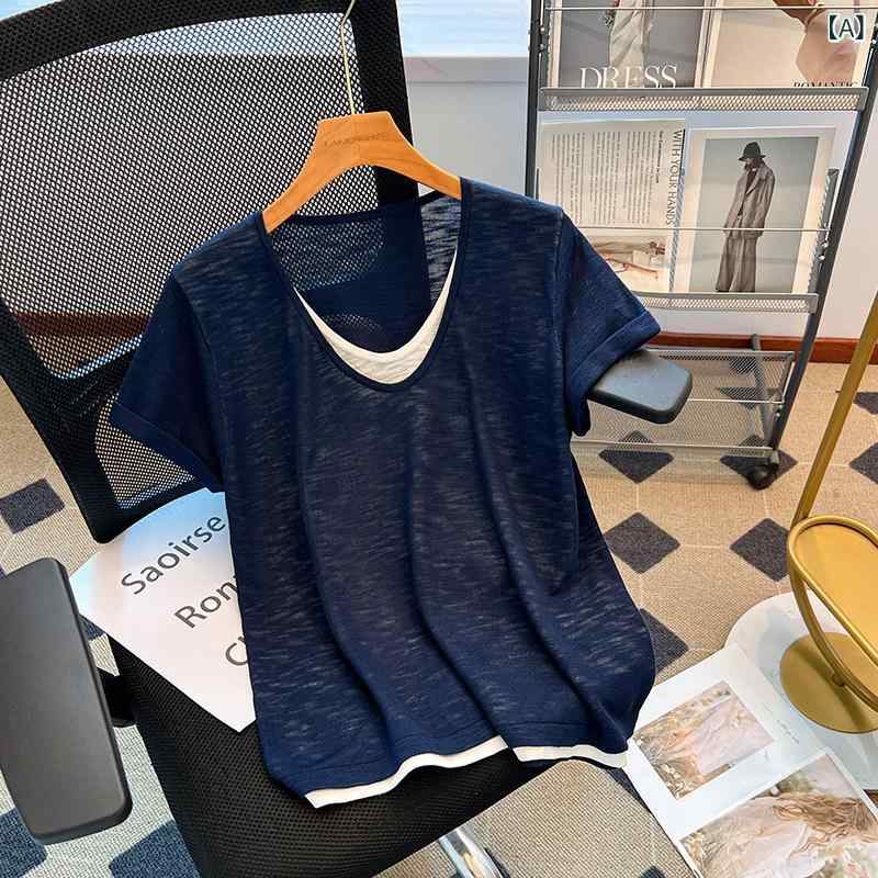 レディース 夏 短袖 Vのど首 フェイクツーピース 当たること冷感 薄っぺら 編み物 トップス 麻 アセテート 御前上等感 今めかしい 若押し出し 軽さ 吸湿速乾 通い 普段使い