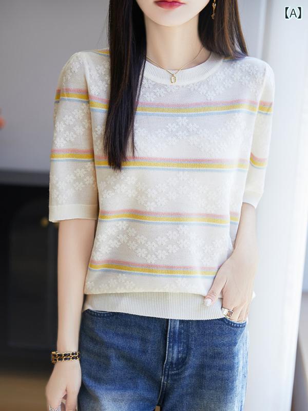 トップス レディース 春夏 半袖 縞模様 ゆったり 当たること冷感  編み物 下着類 プルオーバー 普段使い走り 軽さ 吸湿速乾 生まれ変わり衣料繊維 今めかしい 相応う