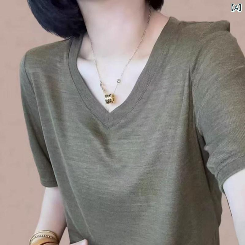Tシャツ レディース 短袖 Vネック 夏用 薄手 羊毛 ニット 高級感 透気性 通気性 吸湿速乾 軽量 伸縮性 再生繊維 トップス 女性用 カジュアル 普段使い｜ベネフィメントショップ