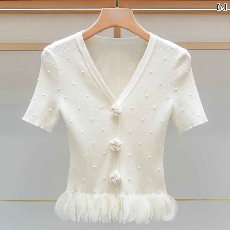 プルオーバー レディース 夏 短袖 立体花柄 編み物 トップス 流行り物  今めかしい  今めかしい 軽さ 吸湿速乾 綿混 ビッグ影ぼうし 愛くるしげ 普段使い