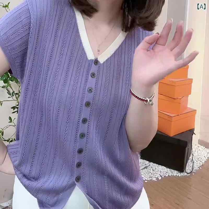 レディース 夏 紫 編み物 Vのど首 半袖 トップス ゆったり 分かりやすい 織り柄 心地よい 軽さ 吸湿速乾