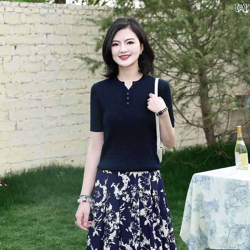 ニットTシャツ レディース ヘンリーネック 無地 ツイスト編み 短袖 夏 カジュアル トップス 伸縮性 コットン混 クラシックスタイル｜ベネフィメントショップ